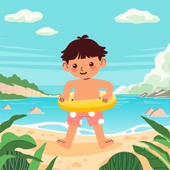 Obraz na płótnie Canvas Boy playing on the beach with buoy, sunny day beach with sand and sky