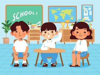 Kindergarten boy and girl studying in the classroom, boys raise their hands to answer
