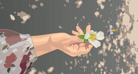 Female hand with flower. Hand holding a linden flower. Vector Illustration