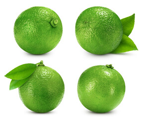 Collection lime isolated on white background. Taste lime with leaf. Full depth of field with clipping path