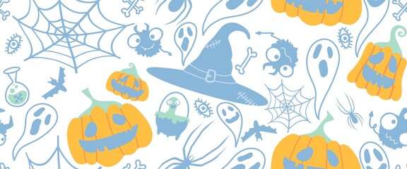 Halloween seamless pumpkins and witch hat and ghost pattern for fabrics and wrapping paper and clothes print
