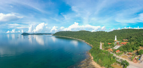 Ho Quoc Pagoda in Phu Quoc Island seen from above on a warm sunny day