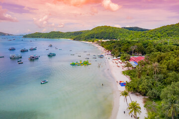 Panoramic view of beautiful Sao beach, Phu Quoc island, Vietnam seen from above