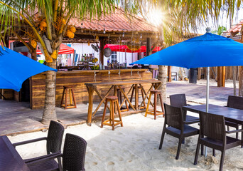 Cafes, pubs and beach restaurants on the tropical island Isla Mujeres in Mexico.