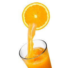 Orange fruit slice and juice glass with splash and drops. Healthy drink.