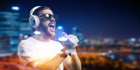 Young man with headphones . Mixed media