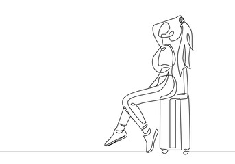 Continuous One Line Drawing of Woman with Suitcase. Woman in Travel One Line Illustration. Female Line Abstract Portrait. Minimalist Contour Drawing. Vector EPS 10