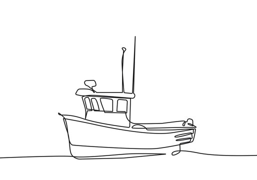 Boat One Line Drawing, Vector Continuous Single Line Art Isolated on White Background. Fishing Boat Minimalism Hand Drawn Style. Minimalist Sketch Contour Art.