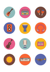 A collection of audio recordings, saxophone, guitar, piano, headphones and more. Illustration of music and radio station concept flat icons set.