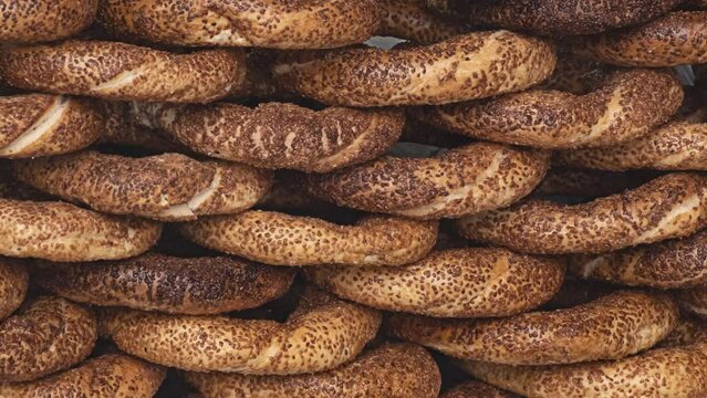 stacked bagel ( simit ) texture background, close up