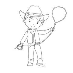 Line cowboy boy in costume. Cute childish outline illustration isolated on white for coloring page