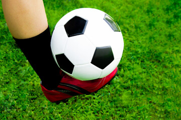 Football player in red shoes black socks kicking back and white leather soccer ball on the green...
