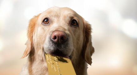 Cute puppy dog holding bank credit card in mouth, waiting online sale. Shopping investment banking finance concept