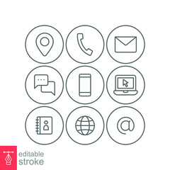 Contact us icons set. Simple outline style symbol. Email, phone, web, address, internet, call, message, business communication concept. Vector illustration design isolated. Editable stroke EPS 10