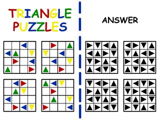 Triangle puzzles set for kids vector illustration. Sudoku set with colorful turned triangles. Complete sudoku with re, blue, green and yellow triangles vector