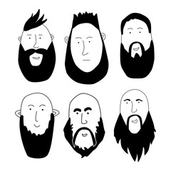 Set of bearded men, hipsters with different haircuts and beards. Silhouettes, emblems, badges, labels. Vector illustration in doodle style.