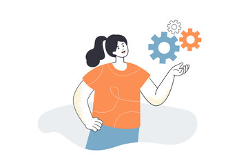 Female leader holding and moving gears and cogwheels. Support for mechanism from engaged girl flat vector illustration. Work, leadership concept for banner, website design or landing web page