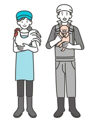 子豚や鶏を抱く畜産農家のベクターイラスト素材／養豚／農家／養鶏／酪農