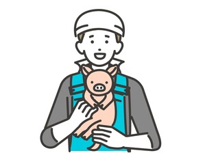 子豚を抱く養豚農家のベクターイラスト素材／養豚／子豚