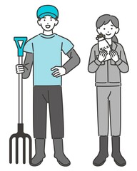 牛乳瓶や鍬を持つ酪農家のベクターイラスト素材／酪農／ミルク