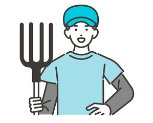 鍬を持つ畜産農家のベクターイラスト素材／養豚／農家／養鶏／酪農