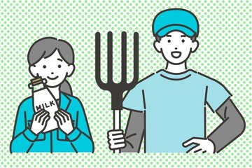 牛乳瓶や鍬を持つ酪農家のベクターイラスト素材／酪農／ミルク