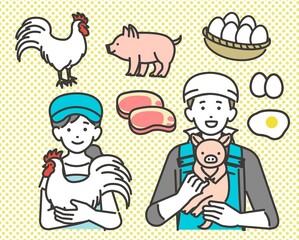 鶏や豚などのアイコンと子豚や鶏を抱く畜産農家のベクターイラスト素材／養豚／農家／養鶏／酪農