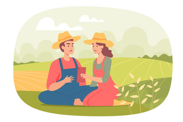 Obraz na płótnie Canvas Male and female farmers with phone sitting in field together. Man and woman using smartphone, smart farming flat vector illustration. Agriculture, nature, love, technology concept for banner