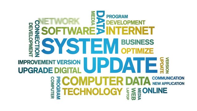 System Update animated tag word cloud;text design animation kinetic typography seamless loop.
