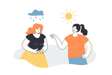 Good and bad mood of girl in rain and sunny weather. Female character thinking as optimist or pessimist flat vector illustration. Psychology concept for banner, website design or landing web page - obrazy, fototapety, plakaty