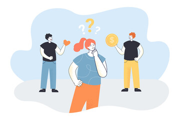 Girl with question mark above head choosing between two partners. Men holding heart and money flat vector illustration. Relationship, choice concept for banner, website design or landing web page