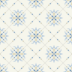 In this seamless pattern, there are various geometric figures arranged in a strikingly neat, orderly, pleasing color scheme on a white-toned background with diagonal squares, clean, elegant, beautiful
