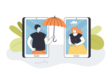 Man from mobile phone screen holding umbrella over sad woman. Therapy and support for sad girl flat vector illustration. Mental health, empathy concept for banner, website design or landing web page - obrazy, fototapety, plakaty