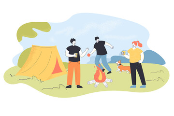 Picnic camping scene and rest by campfire of young friends. Man playing with dog on grass, woman drinking flat vector illustration. Summer camp concept for banner, website design or landing web page
