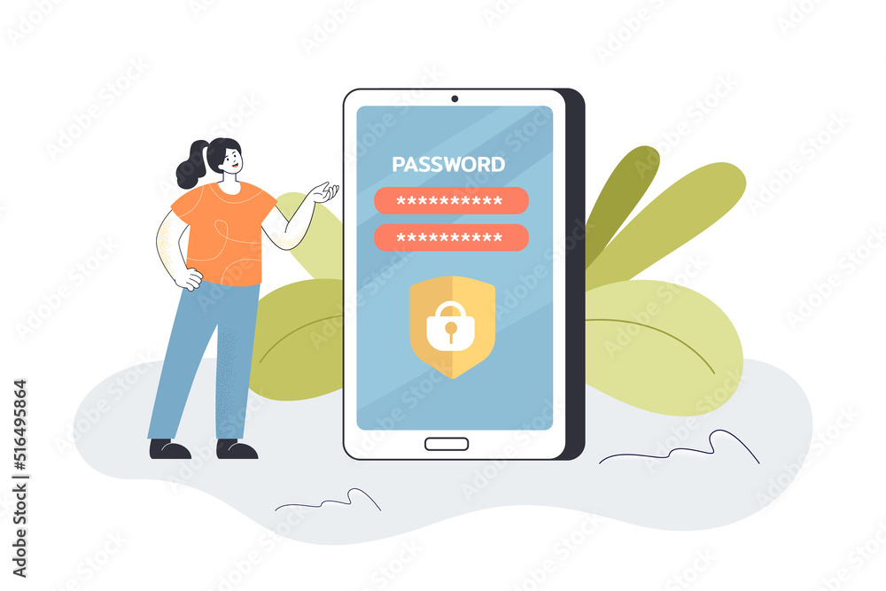 Poster woman using secure access with password to mobile app. safe verification of tiny person flat vector 