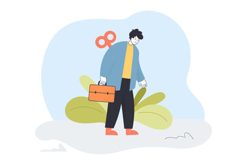 Tired corporate employee walking with key in back. Exhaustion and fatigue of unhappy man flat vector illustration. Stress, burnout, hard work concept for banner, website design or landing web page