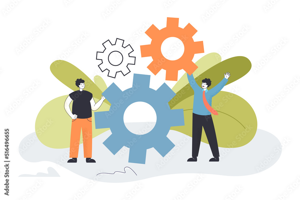 Poster teamwork of tiny business people with gears and cogwheels. upgrade and support of mechanism by male 