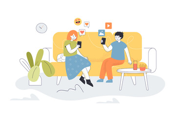 Little friends sitting on home sofa with mobile phones. Happy boy and girl using gadgets flat vector illustration. Problem of internet addiction concept for banner, website design or landing web page