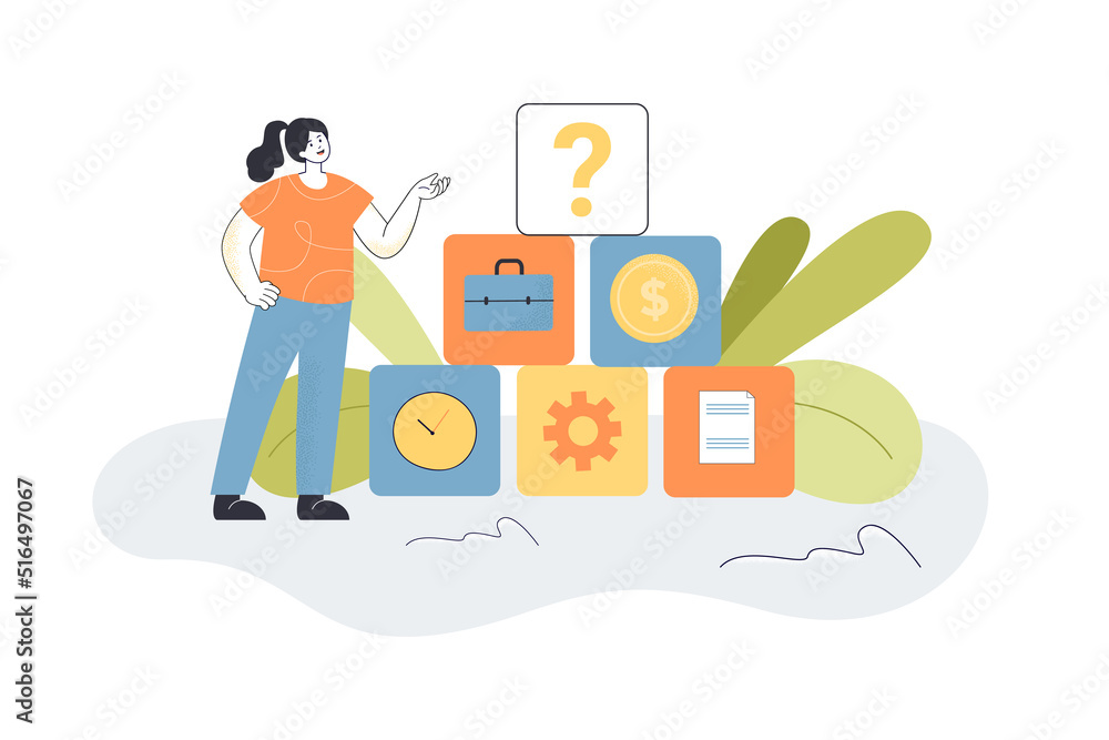 Poster office worker in search of priority in workflow. tiny girl standing near pyramid, with work symbols 