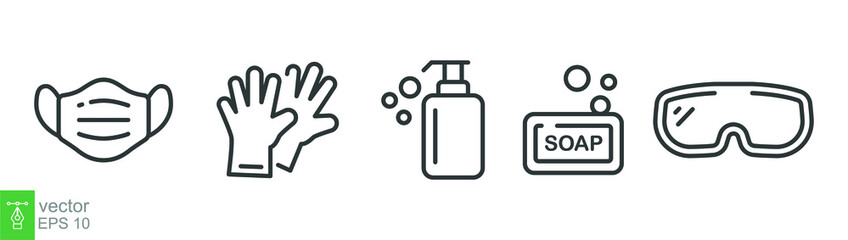 Personal protection equipment icons. Medical mask, latex gloves, soap, dispenser, protective glasses, Coronavirus, covid 19 prevention items. Line, outline symbols isolated. Vector illustration EPS 10