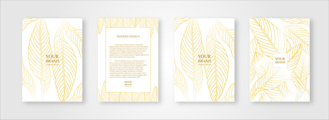 Tropical gold cover design set. Floral background with golden line pattern of exotic leaf (palm, banana tree). Elegant vector collection for wedding invite, brochure template, restaurant menu