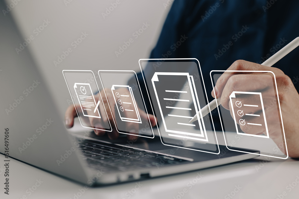 Poster e-signing, electronic signature, document management. a businessman signs an electronic document on 