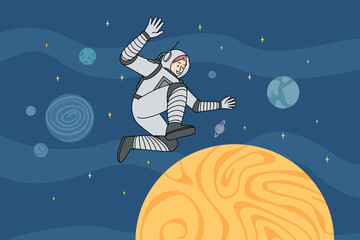 Astronaut walking in open universe. Cosmonaut in spacesuit among planets in cosmos. Spacewalking concept. Vector illustration.  © Dzianis Vasilyeu
