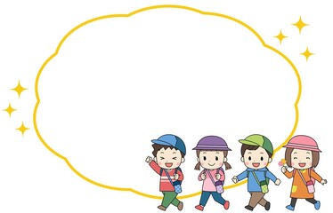 遠足・笑顔で歩く子供たちとふきだしのイラスト素材　線あり