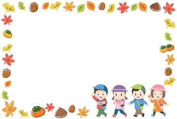秋・紅葉・遠足　子供達のフレームの素材イラスト