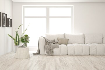 White living room with sofa. Scandinavian interior design. 3D illustration