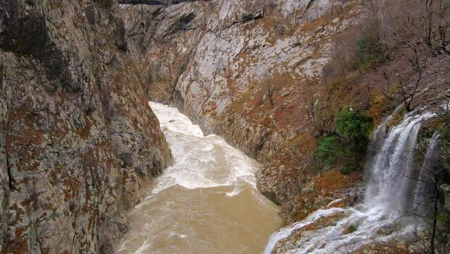 Aerial video. Slow Motion. The Moraca River Canyon in winter. Montenegro