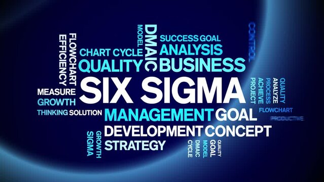Six Sigma animated tag word cloud;text design animation kinetic typography seamless loop.