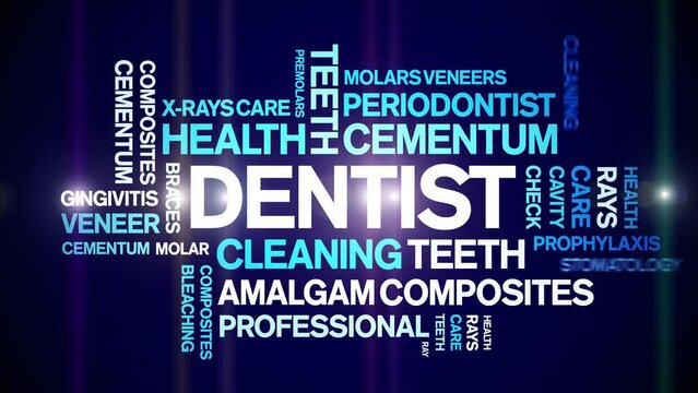 Dentist animated tag word cloud;text design animation kinetic typography seamless loop.