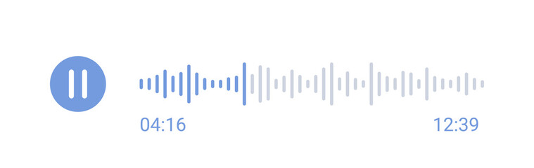 Social audio message. Podcast soundwave line. Sound wave of voice. Record music player. Equalizer icon with spectrum noise and pause button. Shape of mobile talk track. Vector illustration.